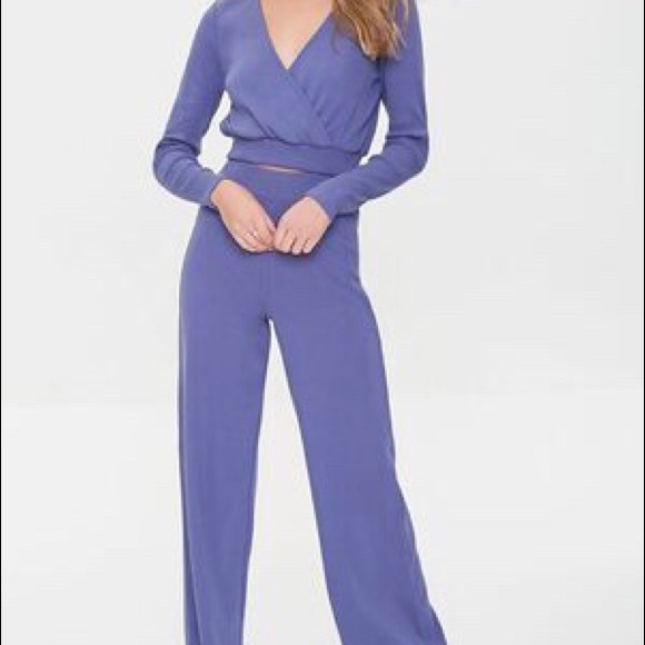 Dusty Blue Top and Wide Leg Ribbed Stretchy Lounge Pants Matching 2 Piece Set - Picture 3 of 3